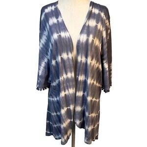 PJ Salvage Tie Dye Pom Pom Sleeve Trim Kimono Beach Resort Wrap Coverup Size M/L